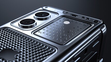 Detail of silver smartphone camera with two lenses in a metallic frame, and patterned rear panel with circular cutout