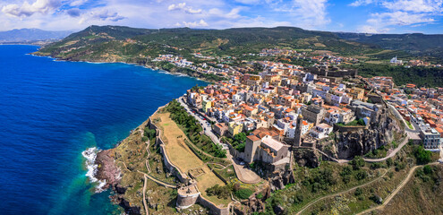 Sardegna, Italy. beautiful medieval coastal town Castelsardo in the north of the island, province of Sassari. Aerial drone panoramic view