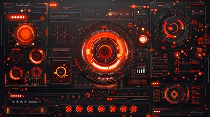 Modern tech interface with frosted glass highlights in red and orange, against a black background.