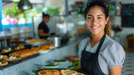 A smiling waitress in a grey top and black apron holds a plate of food in a bright, welcoming cafe, eagerly ready to serve the customers with delicious dishes.