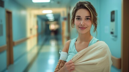 A young nurse in her uniform adjusting a tan bandage wrap on her arm while standing in a hospital corridor. The nurse appears caring and focused on her task.