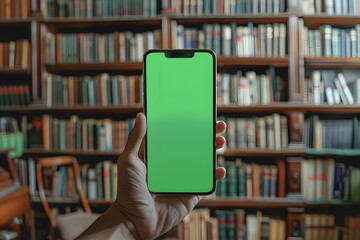 holding a phone with a green screen against the library