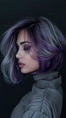 Stylish Woman with Purple Ombre Hair. Portrait on Dark Background. Concepts.  Fashion, Beauty, Hair Salon, Color, Model, Trends