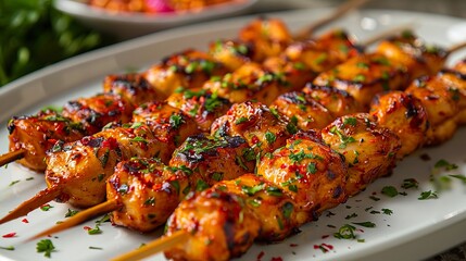 A plate of chicken skewers with herbs and spices.
