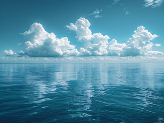 Fototapeta premium a vast body of water under a clear blue sky with white fluffy clouds.