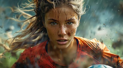 A passionate female soccer player is seen in a high-energy action shot, covered in mud, as she competes intensely for the ball, capturing the essence of competitive athleticism.