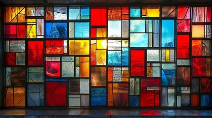Abstract stained glass windows with geometric abstractions for contemporary architectural visuals. , Minimalism,