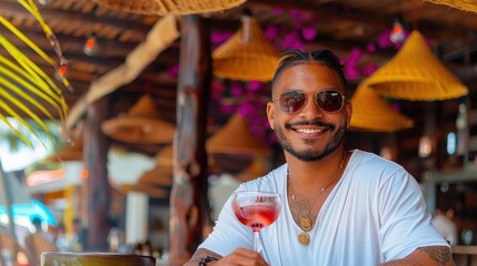 A man with braided hair and sunglasses enjoys a drink in a vibrant tropical setting, with sunny weather, wooden decor, and relaxed vibes, exuding happiness.