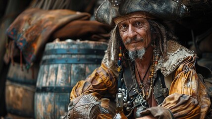 Fototapeta premium Explore the world of pirates through a professional photo showcasing intricate details of authentic pirate clothing, capturing the essence of swashbuckling adventures on the high seas