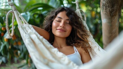 A happy young woman relaxing in a hammock, surrounded by lush, green plants, enjoying the peaceful atmosphere and warmth of the environment around her.