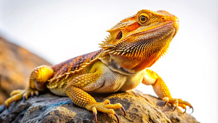 Obraz premium A vibrant bearded dragon lizard perches on a rocky outcrop, its bright orange and yellow scales glistening in the warm sunlight, wispy beard fluttering.