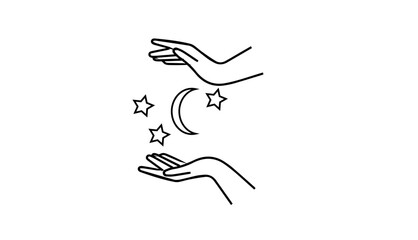 two hands and a month stars black outline on transparent background ,