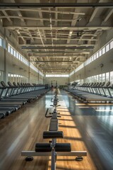A modern Olympic gym with rows of high-tech equipment, bathed in bright lighting, awaiting athletes' arrival. The empty space exudes an air of anticipation and competition.