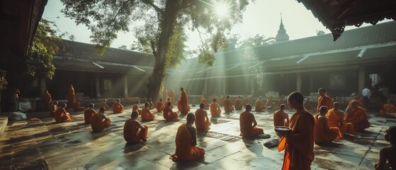 A monk is walking out of the temple, determined and energetic, glowing with the golden morning light. 