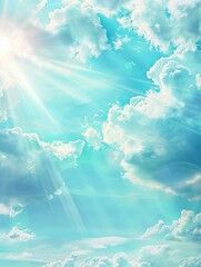 Sunshine clouds sky during morning background. Blue,white pastel heaven, focus lens flare sunlight. cyan gradient of peaceful nature. Open view out windows beautiful summer spring - generative ai