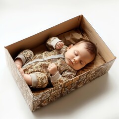 baby sleeping in a box with a bandage