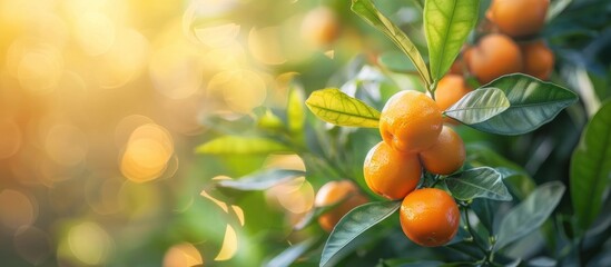 Ripe oranges hanging on a tree branch in a citrus grove. Sun shining through the leaves creating a warm, summery atmosphere. Concepts. agriculture, healthy eating, vitamins, juice.