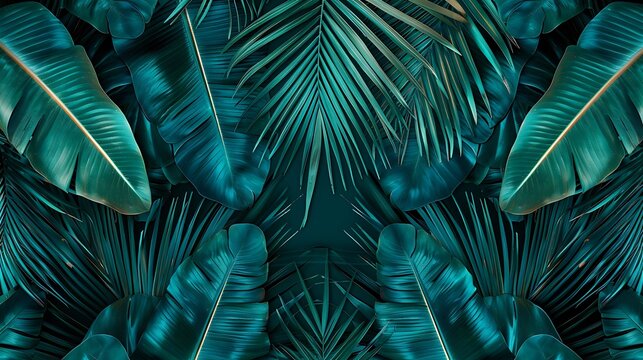 Neon green and teal tropical leaves arranged in a symmetrical pattern, minimalistic and modern,