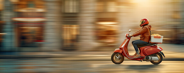 A person wearing a red helmet and jacket is riding a red scooter in an urban setting, delivering food boxes during a hazy day, showcasing speed and efficiency.