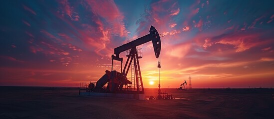 Oil rig silhouetted against a vibrant sunset sky. Concepts. fossil fuels, energy, industry, environment, extraction, resource, power.