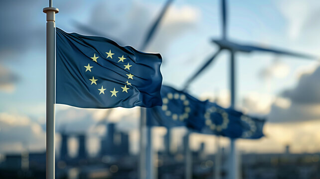 European Union Flag Waving in Front of Wind Turbines