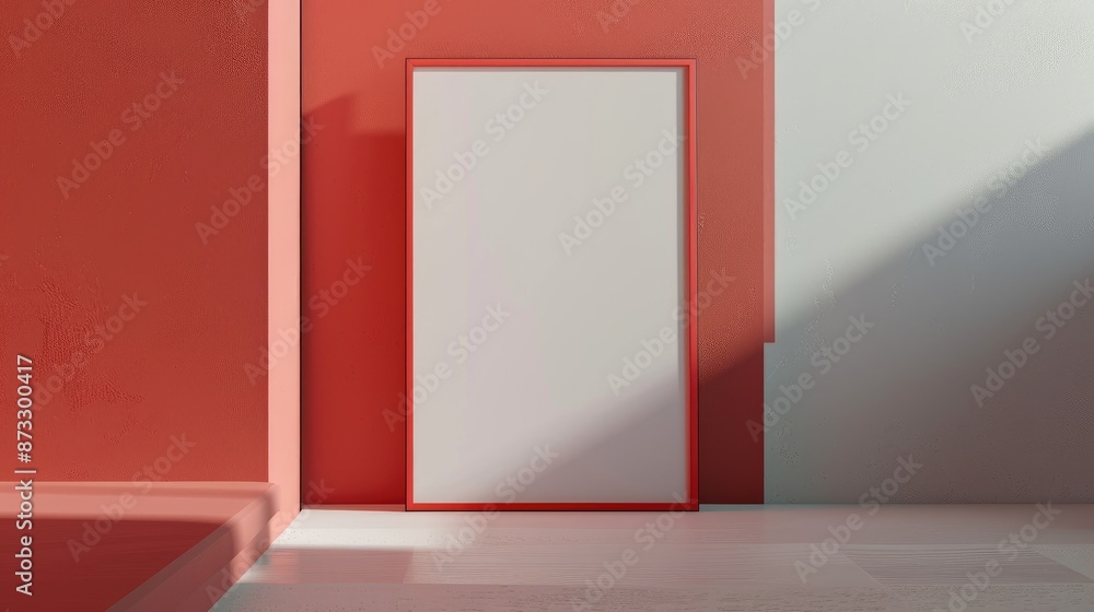 Aufkleber mock up of a vertical poster on a digital board with red frame and white background
