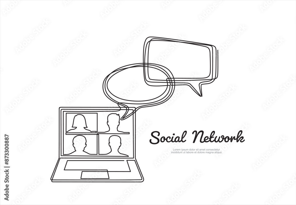 Poster social network. continuous one line drawing of laptop with people on screen and speech bubbles. lear