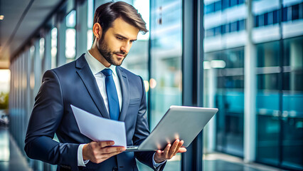 Focused businessman analyzing data on a tablet while holding documents, set against a corporate office backdrop.