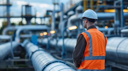 Technician Inspecting Worker Monitoring Pipeline Infrastructure Maintaining Energy Supply and Sustainability