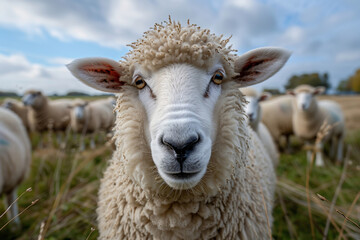 Obraz premium A Sheep's Curious Gaze Amidst a Field of Golden Grass