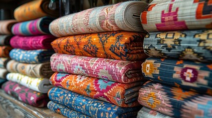 Ikat patterns with blurred edges and vibrant colors, offering a unique and artisanal look. , Minimalism,