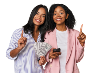 Latin businesswomen with money, phone showing number one with finger.