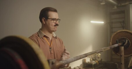 Coach's Struggle with Barbell Squat in Vintage Gym - Powered by Adobe