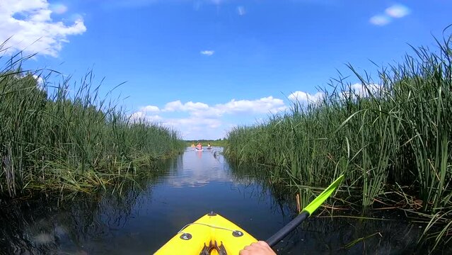 Person floating in inflatable boat along river through thickets of green reeds on sunny summer day. People kayaking along river. Man in boat rowing oars. Sport, action, activity, lifestyle. POV