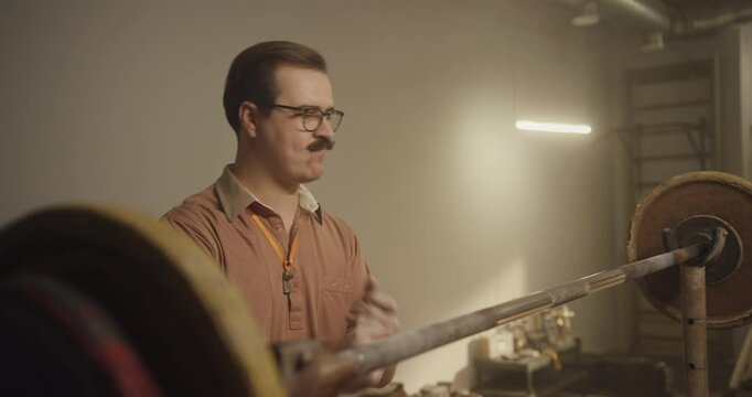 Coach's Struggle with Barbell Squat in Vintage Gym