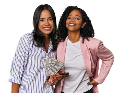 Latin businesswomen with money, phone happy, smiling and cheerful.