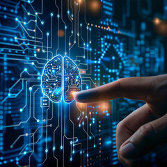 Concept of artificial intelligence, machine learning, and innovative technology, featuring a man’s finger on a virtual touch screen with a glowing circuit chip shaped like a human brain on an abstract