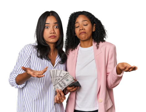 Latin businesswomen with money, phone doubting and shrugging shoulders in questioning gesture.