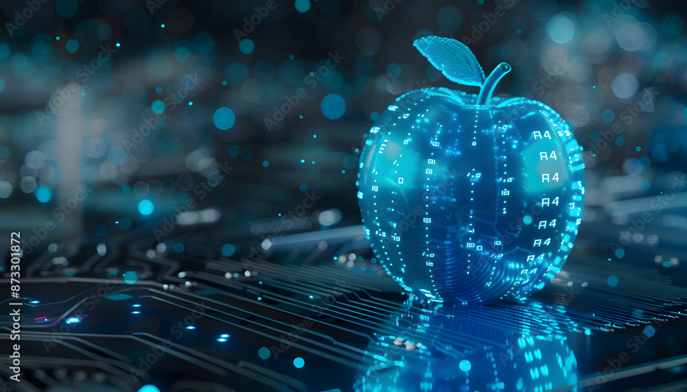 Fototapete 3d rendering of blue apple made from digital data on circuit board background with light effects and