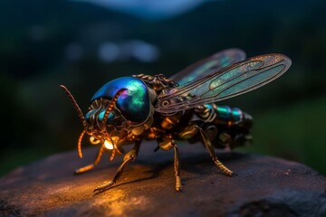 Fototapeta premium Surreal fireflies wearing steampunk at dusk