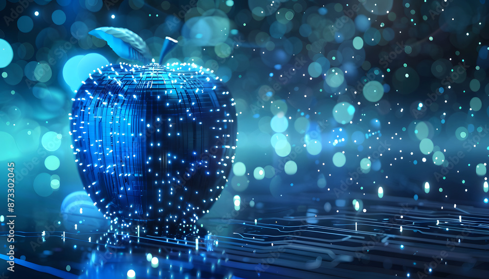 Fototapete 3d rendering of blue apple made from digital data on circuit board background with light effects and copy space for text Abstract futuristic technology design