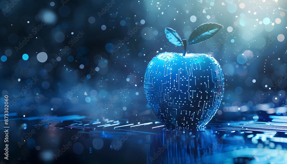 Fototapete 3d rendering of blue apple made from digital data on circuit board background with light effects and copy space for text Abstract futuristic technology design