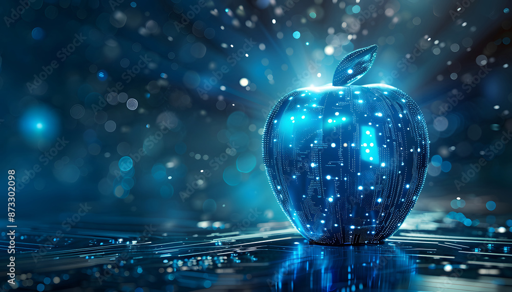 Fototapete 3d rendering of blue apple made from digital data on circuit board background with light effects and copy space for text Abstract futuristic technology design