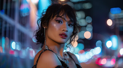 Transgender asian woman bold makeup elegant, standing confidently cityscape background. Concept LGBT