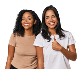 Young Latin friends in studio smiling and raising thumb up
