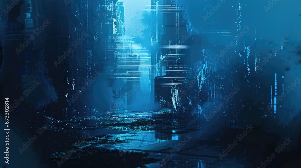 Poster abstract blue digital data streams on a dark background. digital image of future cityscape with blue