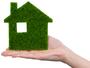 Female hands hold a model of a green house close-up. Sale of ecological real estate of the future.