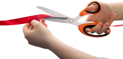 Cutting a red ribbon with scissors on a white background. Opening procedure, inauguration, new project.