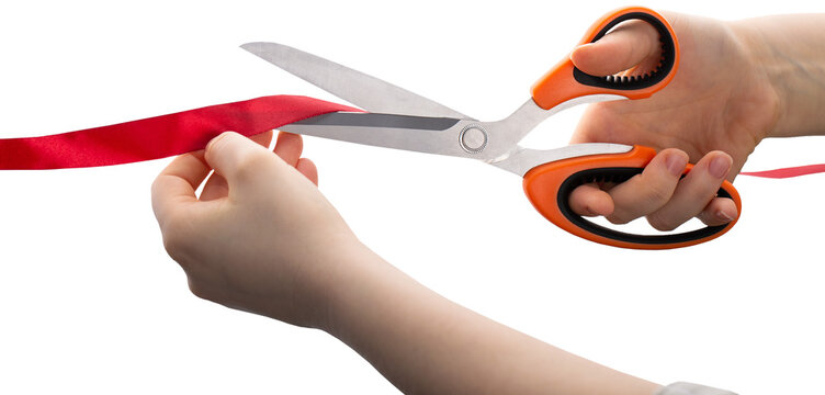 Cutting a red ribbon with scissors on a white background. Opening procedure, inauguration, new project.