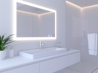 Bathroom with smart mirrors and AI-controlled water temperature, Minimalist, Clean white, 3D rendering, futuristic hygiene